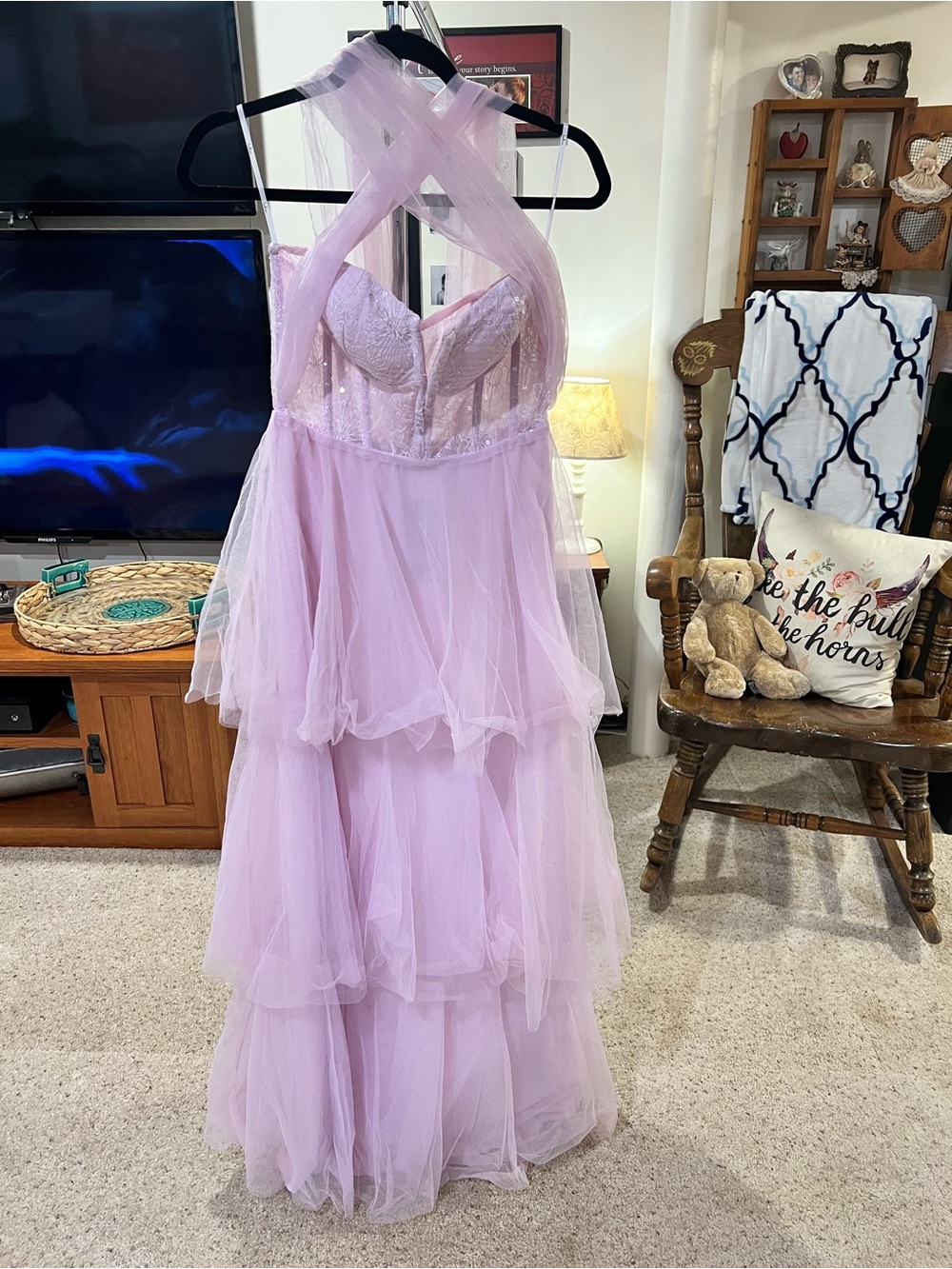 NWT Lulus Camie Light Pink Tulle Sequin Bustier Maxi Dress - Picture 7 of 8